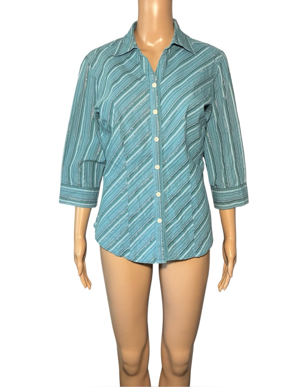 Erika Women's Button Up Shirt M 3/4 Sleeve Cotton Blend Striped Collared
